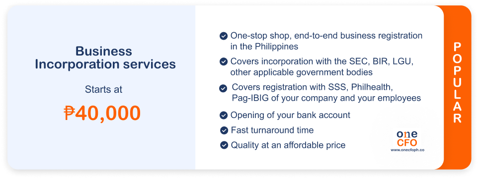 OneCFO's popular offering is Business Incorporation Services, which include end-to-end business registration in the Philippines.