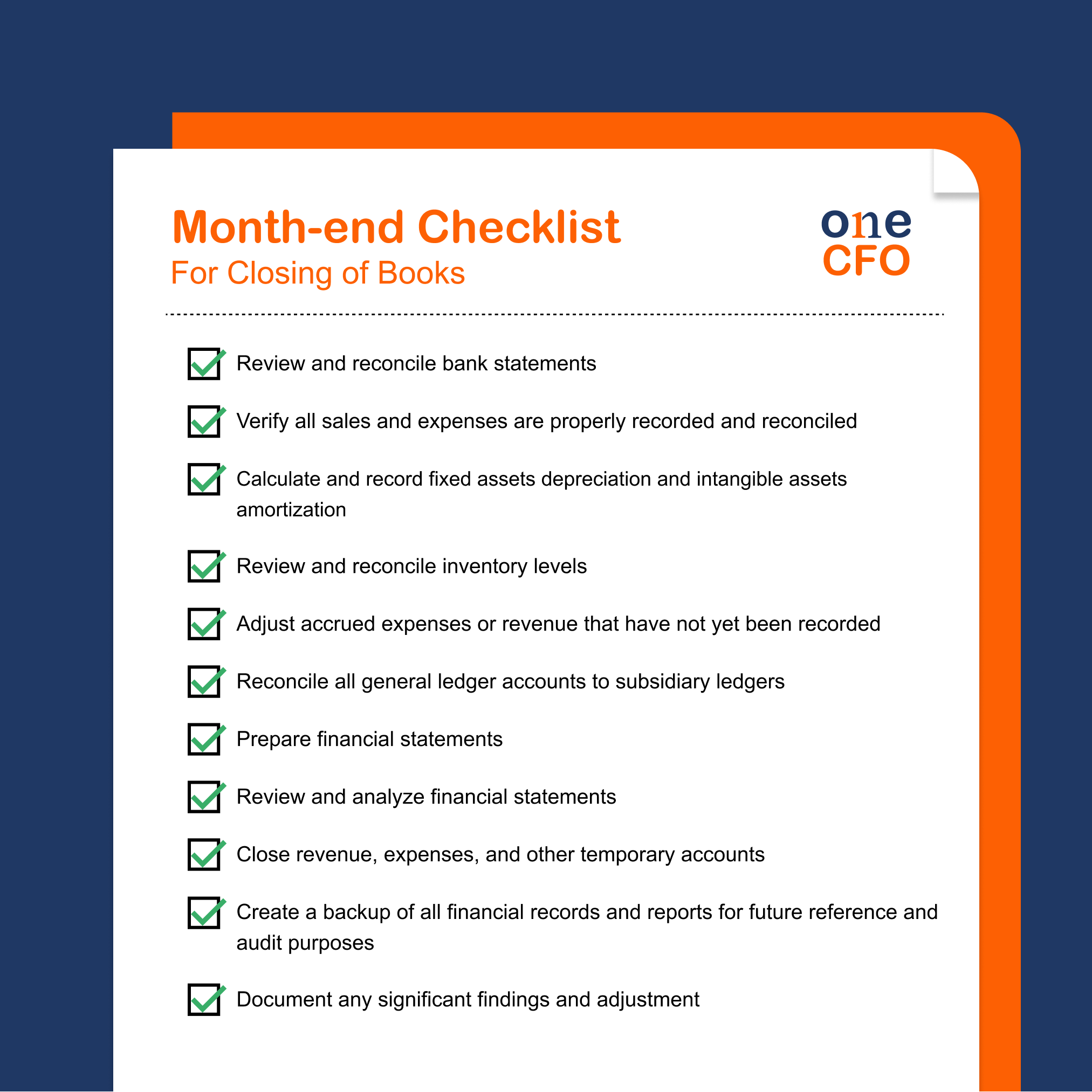 A checklist titled 'Month-end Checklist For Closing of Books' from One CFO, outlining 11 steps for accounting closure, including bank reconciliation, expense verification, depreciation, inventory, and financial statement preparation.