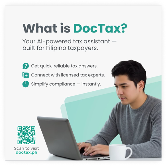 User exploring DocTx on a laptop. On-screen text outlines benefits: quick Philippine tax guidance and connections with licensed tax professionals.